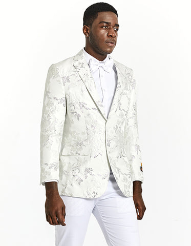 Mens Modern Fit White & Silver Floral Prom Tuxedo Blazer