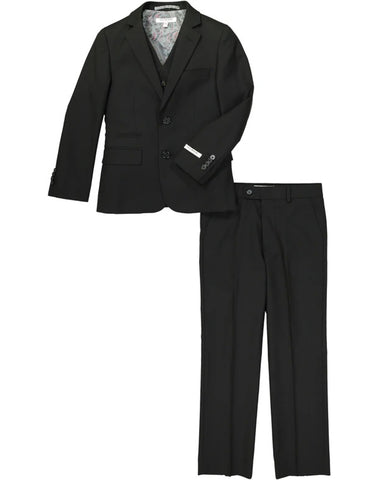 Boys Vested 2 Button Birdseye Suit in Black