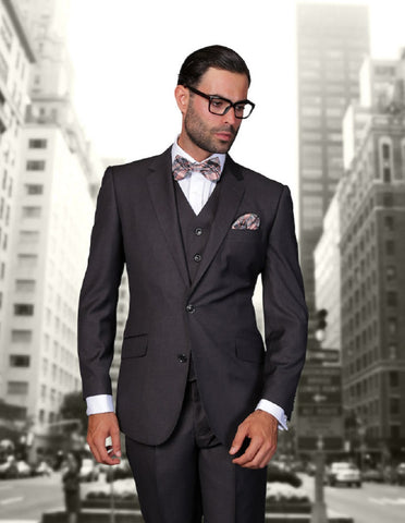 Mens 2 Button Modern Fit Vested Wool Suit in Heather Charcoal