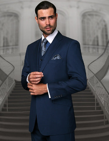 Mens Classic Fit Pleated Pant 2 Button Wool Suit in Indigo Blue