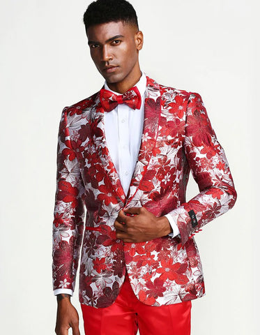 Mens Red & White Floral Paisley Prom Tuxedo Dinner Jacket