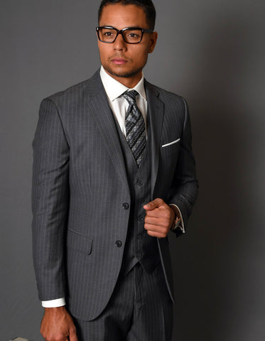 Mens 2 Button Vested Modern Fit Wool Suit in Charcoal Grey Pinstripe