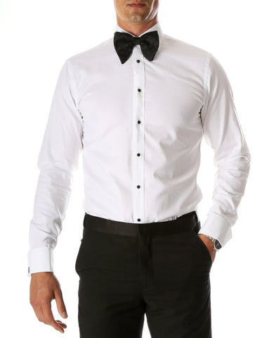 Mens Slim Fit Spread Collar Plain Front Tuxedo Shirt in White