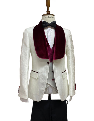 Mens Vested Designer Wide Velvet Shawl Tuxedo White With Burgundy Lapel