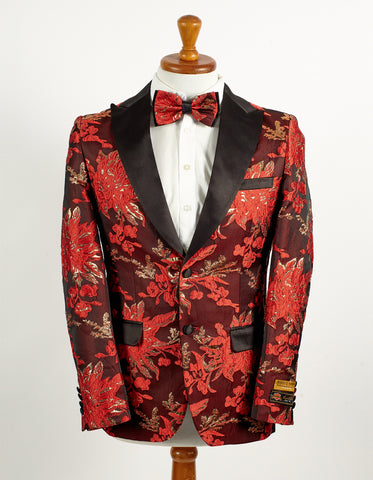 Mens 2 Button Red & Gold Floral Paisley Tuxedo Blazer