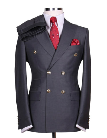 Mens Designer Modern Fit Double Breasted Wool Suit with Gold Buttons in Charcoal