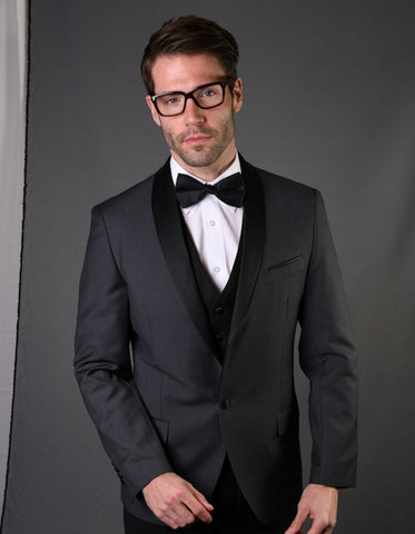 Mens 1 Button Shawl Lapel Wool Dinner Jacket in Charcoal Grey