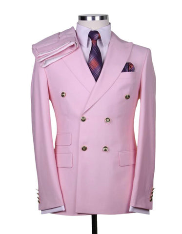 Mens Designer Modern Fit Double Breasted Wool Suit with Gold Buttons in Pink