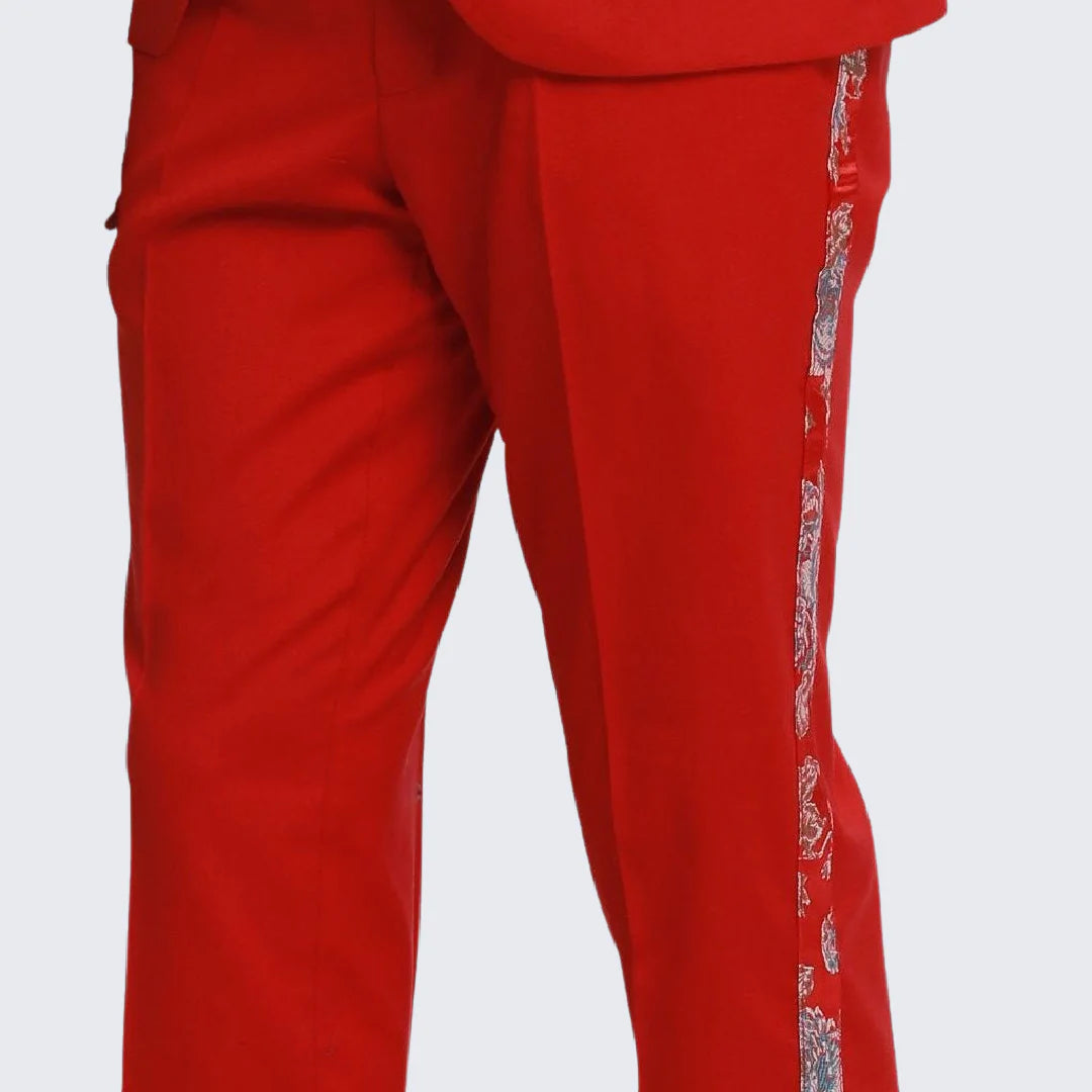 Red Tuxedo With Floral Pattern Peak Lapel - Men's Tuxedo USA