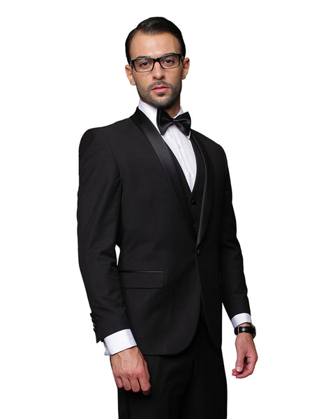 Mens Vested Wool Shawl Lapel Tuxedo in Black main image 0
