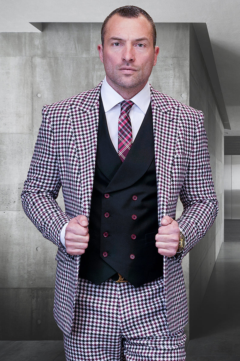 Men's Designer Modern Fit Vested Wool Suit in Grey Glen Plaid main image 1
