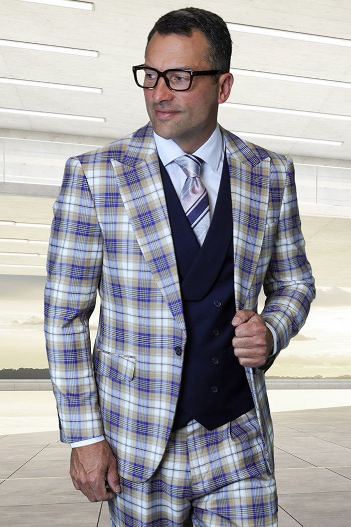 Men's Designer One Button Peak Lapel Italian Wool Suit with Double Breasted Vest in Sapphire Blue Plaid