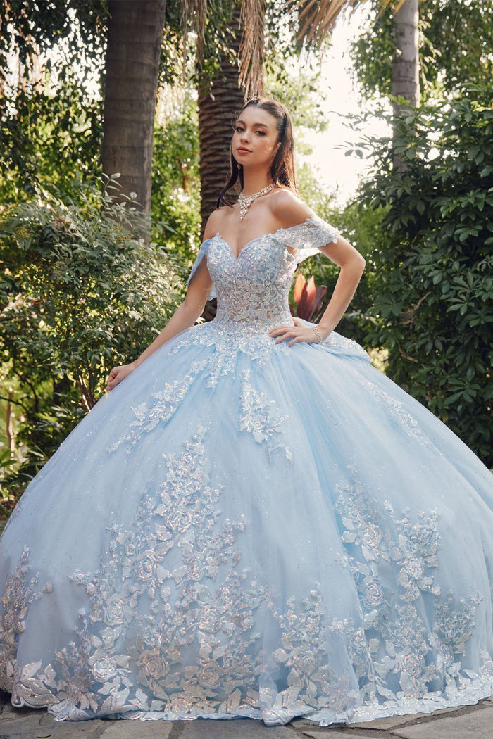 Juliet 1458J Off Shoulder Appliqued Glitter Tulle Quinceanera Ball Gown