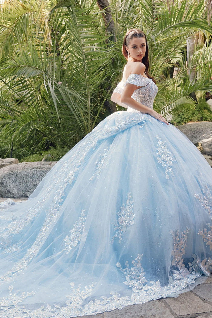 Juliet 1458J Off Shoulder Appliqued Glitter Tulle Quinceanera Ball Gown