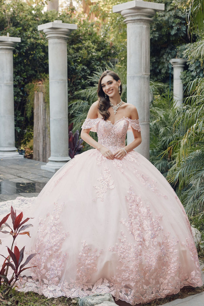 Juliet 1458J Off Shoulder Appliqued Glitter Tulle Quinceanera Ball Gown