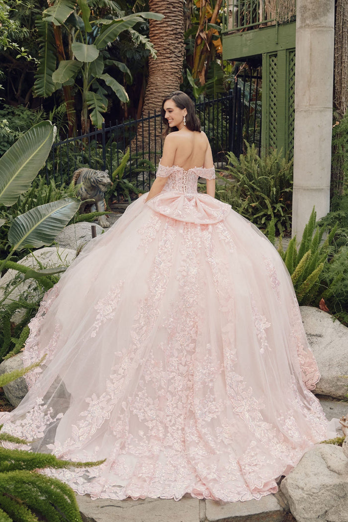 Juliet 1458J Off Shoulder Appliqued Glitter Tulle Quinceanera Ball Gown
