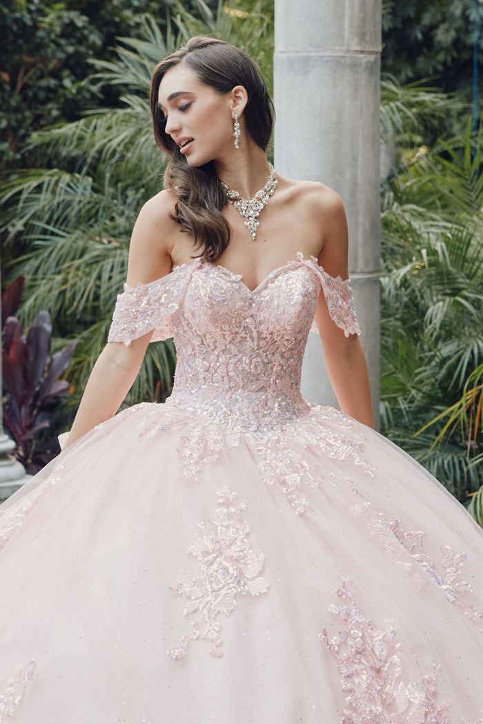 Juliet 1458J Off Shoulder Appliqued Glitter Tulle Quinceanera Ball Gown