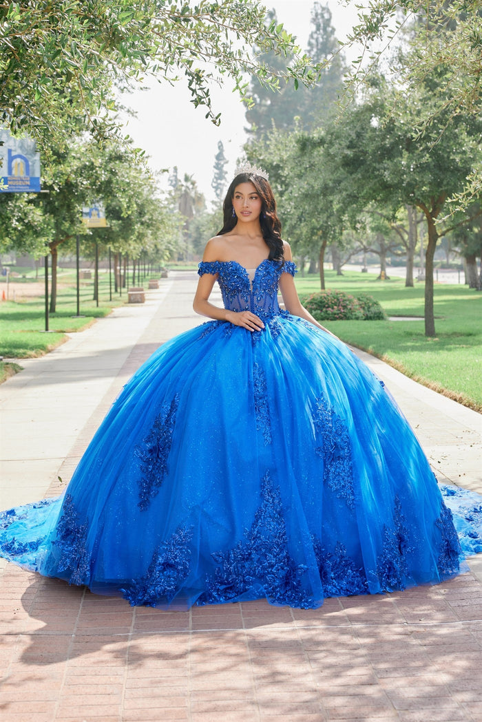Juliet 1505J Off Shoulder Applique Embroidered Glitter Tulle Quinceanera Dress