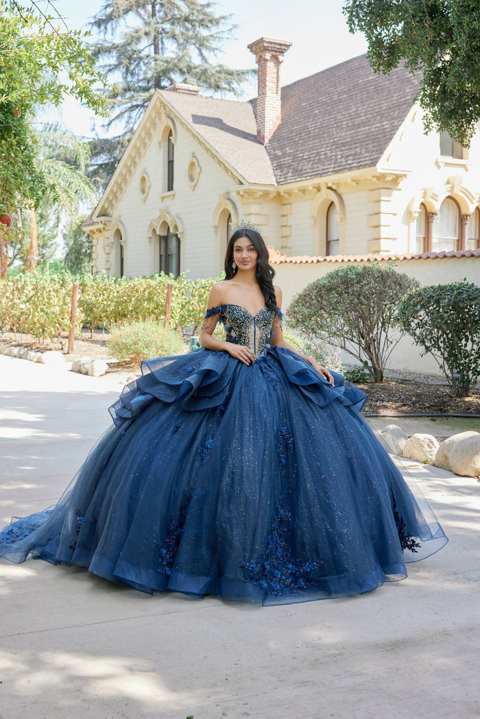 Juliet 1501J Beaded Appliqué Glitter Tulle Off Shoulder Quinceanera Dress