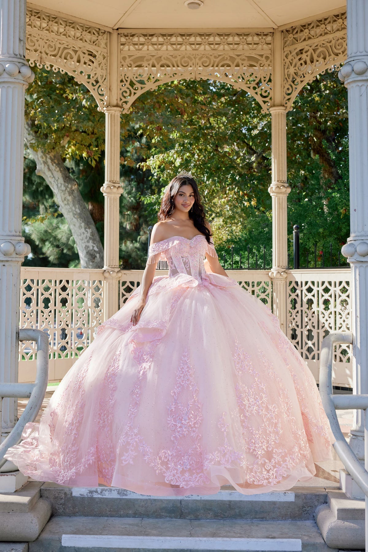 Juliet 1503J Off Shoulder Floral Lace Appliqué Glitter Tulle Quinceanera Dress