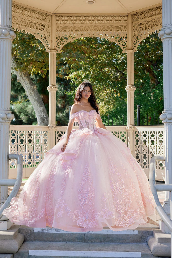 Juliet 1503J Off Shoulder Floral Lace Appliqué Glitter Tulle Quinceanera Dress