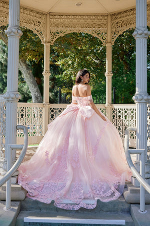 Juliet 1503J Off Shoulder Floral Lace Appliqué Glitter Tulle Quinceanera Dress