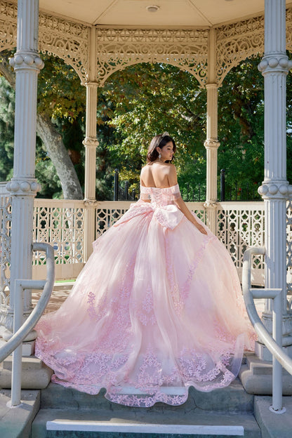 Juliet 1503J Off Shoulder Floral Lace Appliqué Glitter Tulle Quinceanera Dress