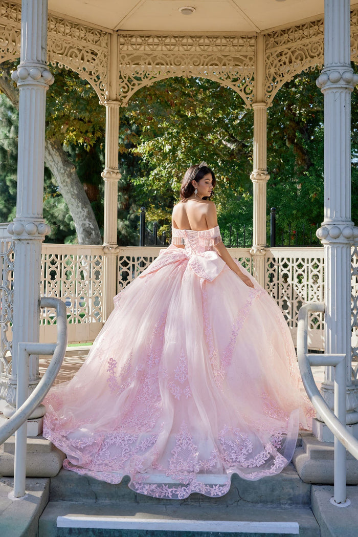 Juliet 1503J Off Shoulder Floral Lace Appliqué Glitter Tulle Quinceanera Dress