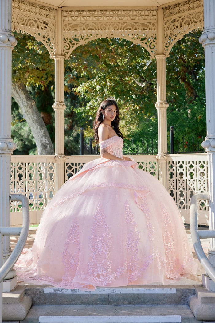 Juliet 1503J Off Shoulder Floral Lace Appliqué Glitter Tulle Quinceanera Dress