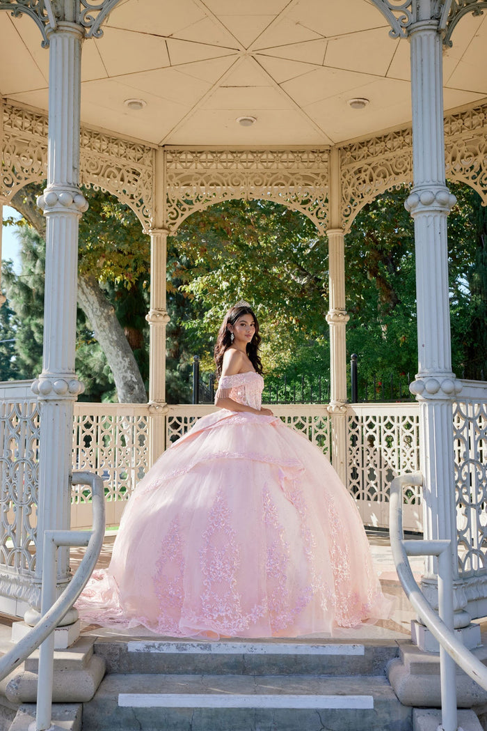 Juliet 1503J Off Shoulder Floral Lace Appliqué Glitter Tulle Quinceanera Dress