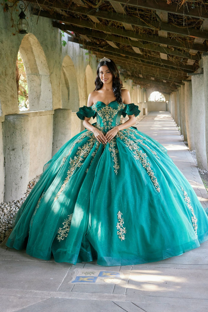 Juliet 1504J Off Shoulder Applique A-Line Satin Quinceanera Dress