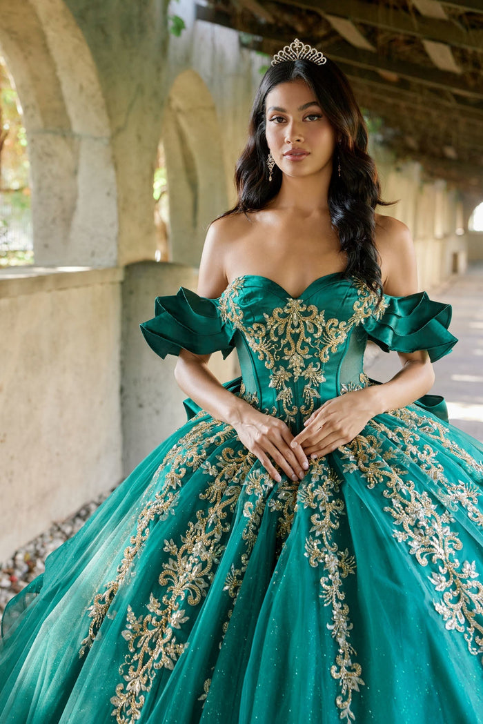 Juliet 1504J Off Shoulder Applique A-Line Satin Quinceanera Dress