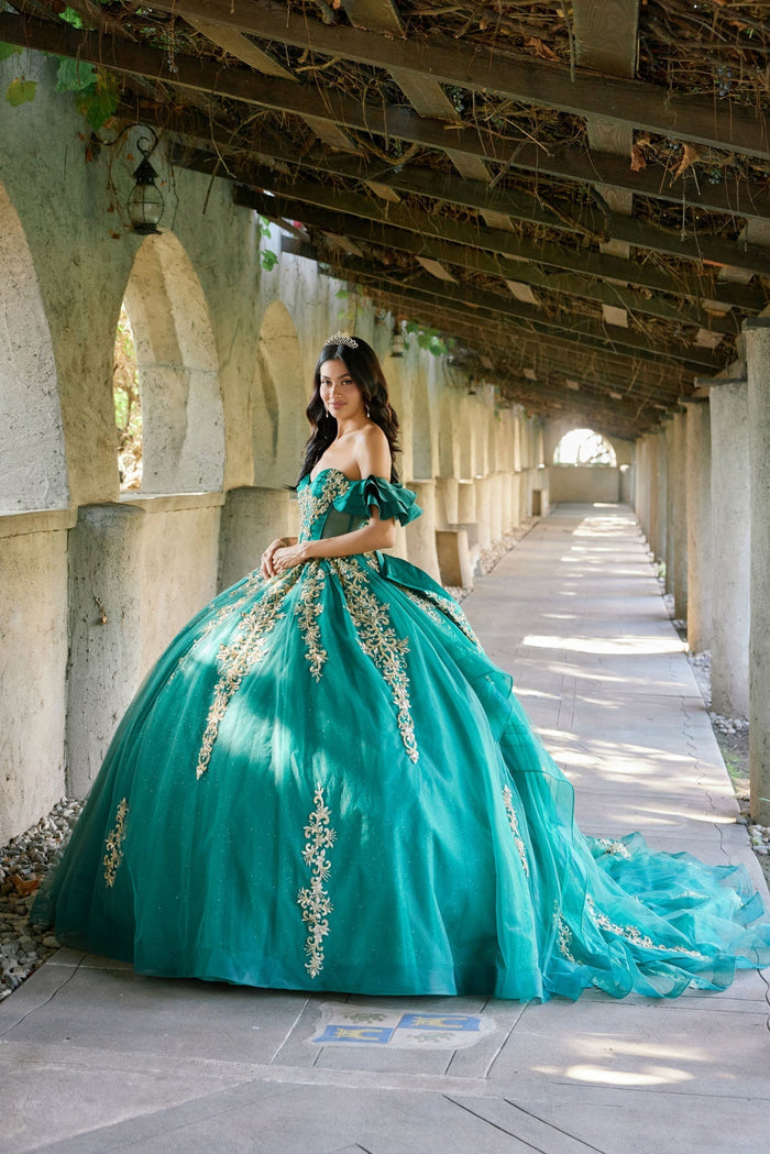 Juliet 1504J Off Shoulder Applique A-Line Satin Quinceanera Dress