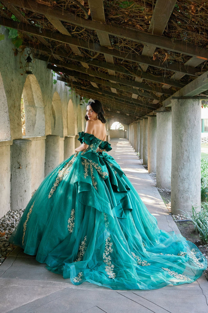 Juliet 1504J Off Shoulder Applique A-Line Satin Quinceanera Dress