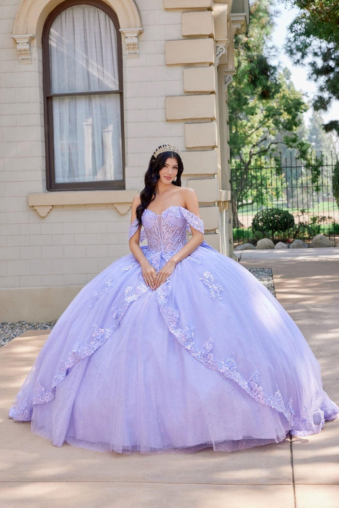 Juliet 1507J Applique Lace Off-Shoulder Glitter Tulle Quinceanera Dress