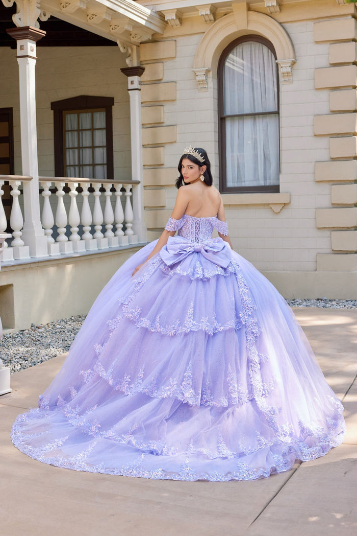 Juliet 1507J Applique Lace Off-Shoulder Glitter Tulle Quinceanera Dress