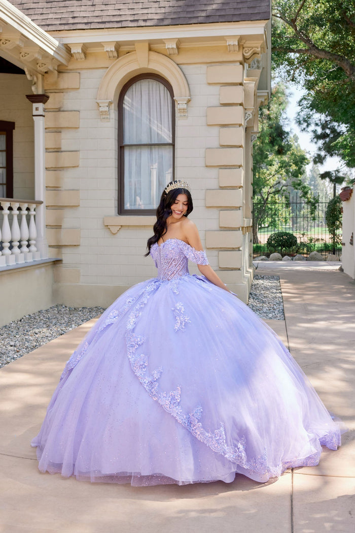 Juliet 1507J Applique Lace Off-Shoulder Glitter Tulle Quinceanera Dress