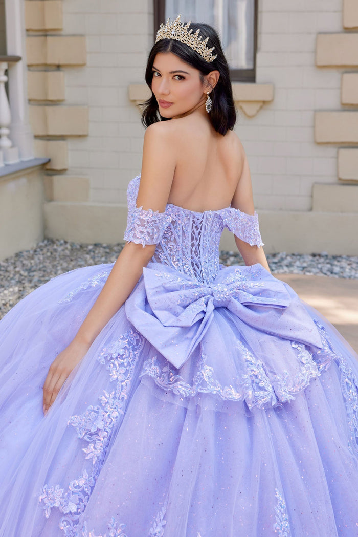 Juliet 1507J Applique Lace Off-Shoulder Glitter Tulle Quinceanera Dress
