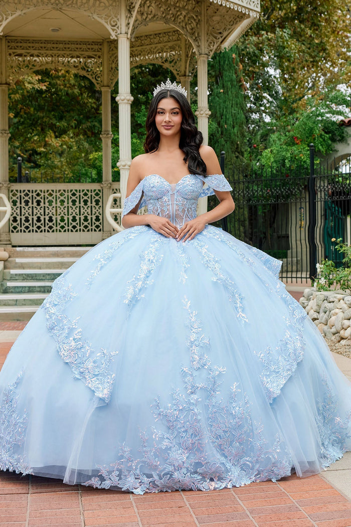 Juliet 1498J Floral Applique Glitter Tulle Off Shoulder Quinceanera Dress