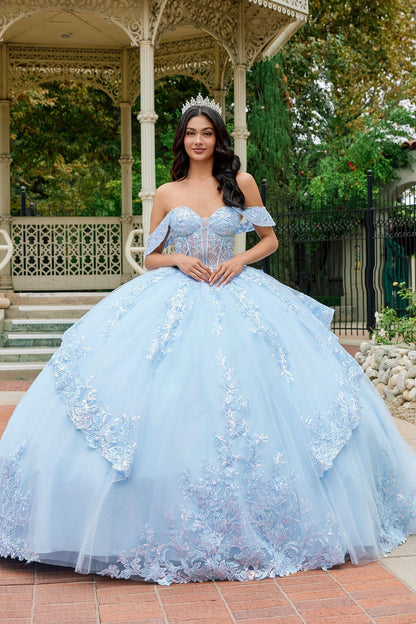 Juliet 1498J Floral Applique Glitter Tulle Off Shoulder Quinceanera Dress