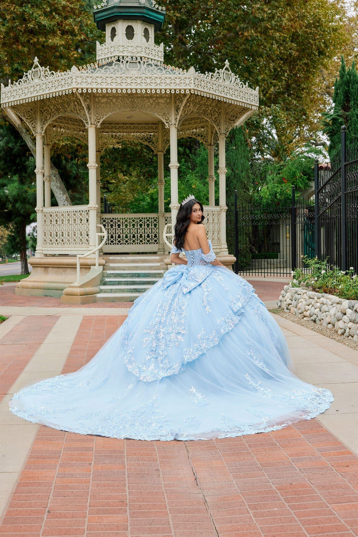 Juliet 1498J Floral Applique Glitter Tulle Off Shoulder Quinceanera Dress