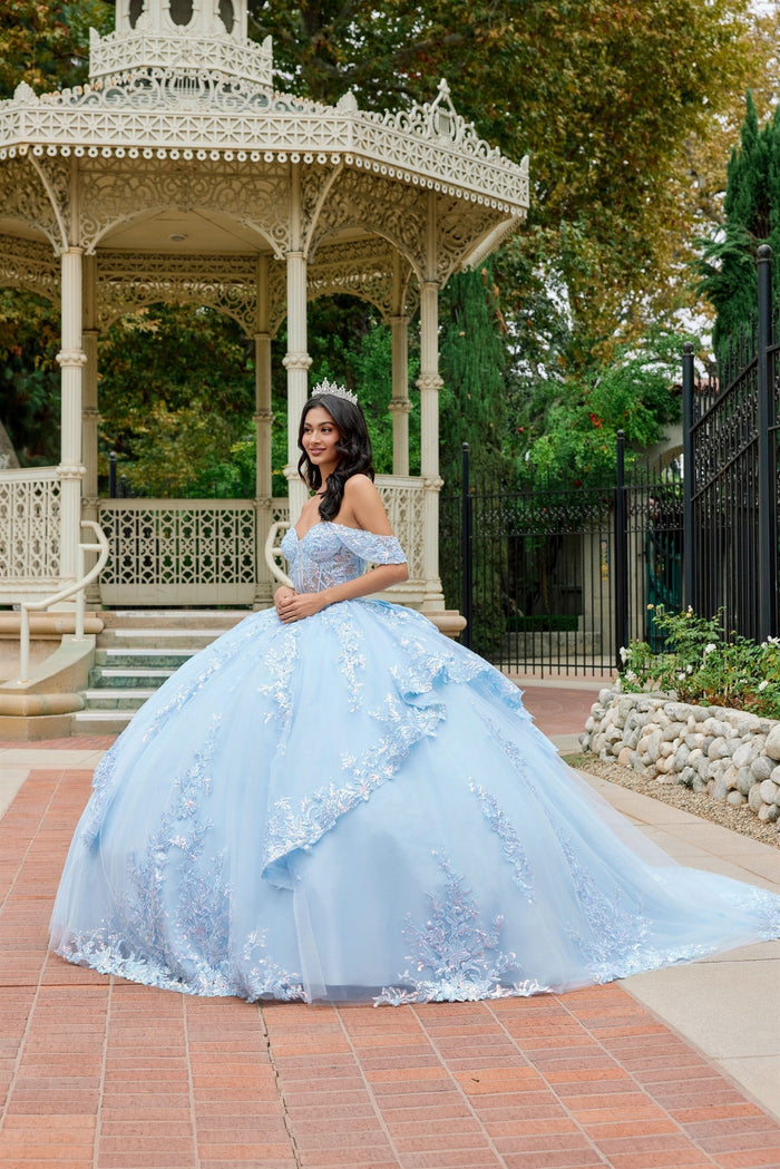 Juliet 1498J Floral Applique Glitter Tulle Off Shoulder Quinceanera Dress