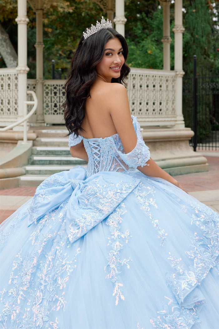 Juliet 1498J Floral Applique Glitter Tulle Off Shoulder Quinceanera Dress