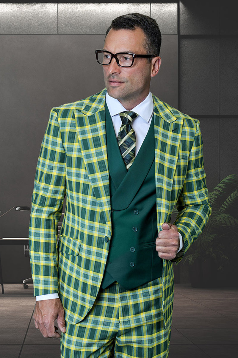 Marc Darcy Wedding Suits Men's Designer One Button Peak Lapel Vested Wool Suit in Tan & Blue Windowpane Plaid main image 1