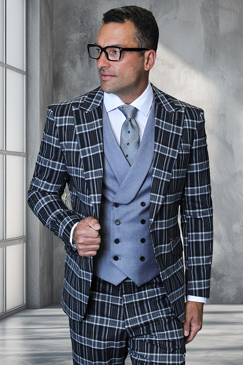 Mens Statement Apula 2 Button Peak Lapel Suit with Double Breasted Vest in Brown Plaid main image 0