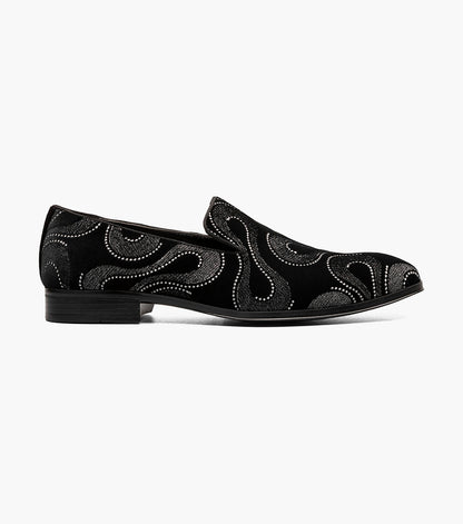 Stacy Adams SWAINSON Plain Toe Embroidered Slip On Black and Silver by Stacy Adams Shoes