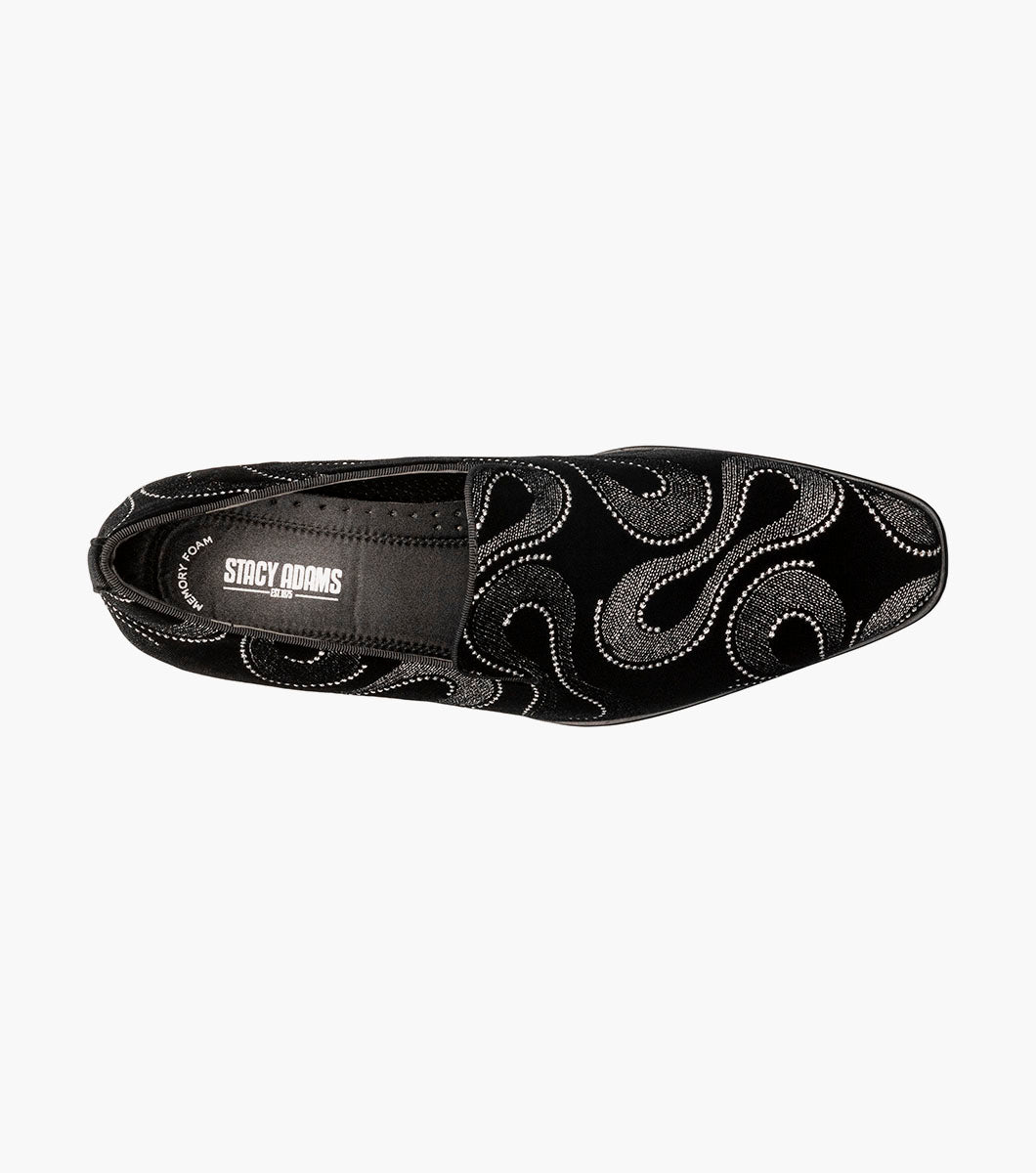 Stacy Adams SWAINSON Plain Toe Embroidered Slip On Black and Silver by Stacy Adams Shoes