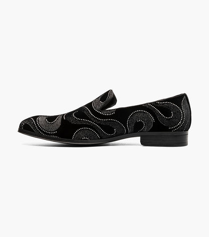 Stacy Adams SWAINSON Plain Toe Embroidered Slip On Black and Silver by Stacy Adams Shoes