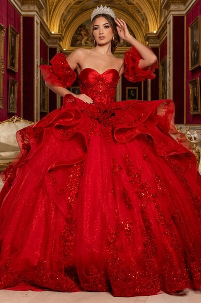 Quinceañera Ball Gown with Corset Bodice 3D Lace Appliqués & Detachable Train By Layla K LK289