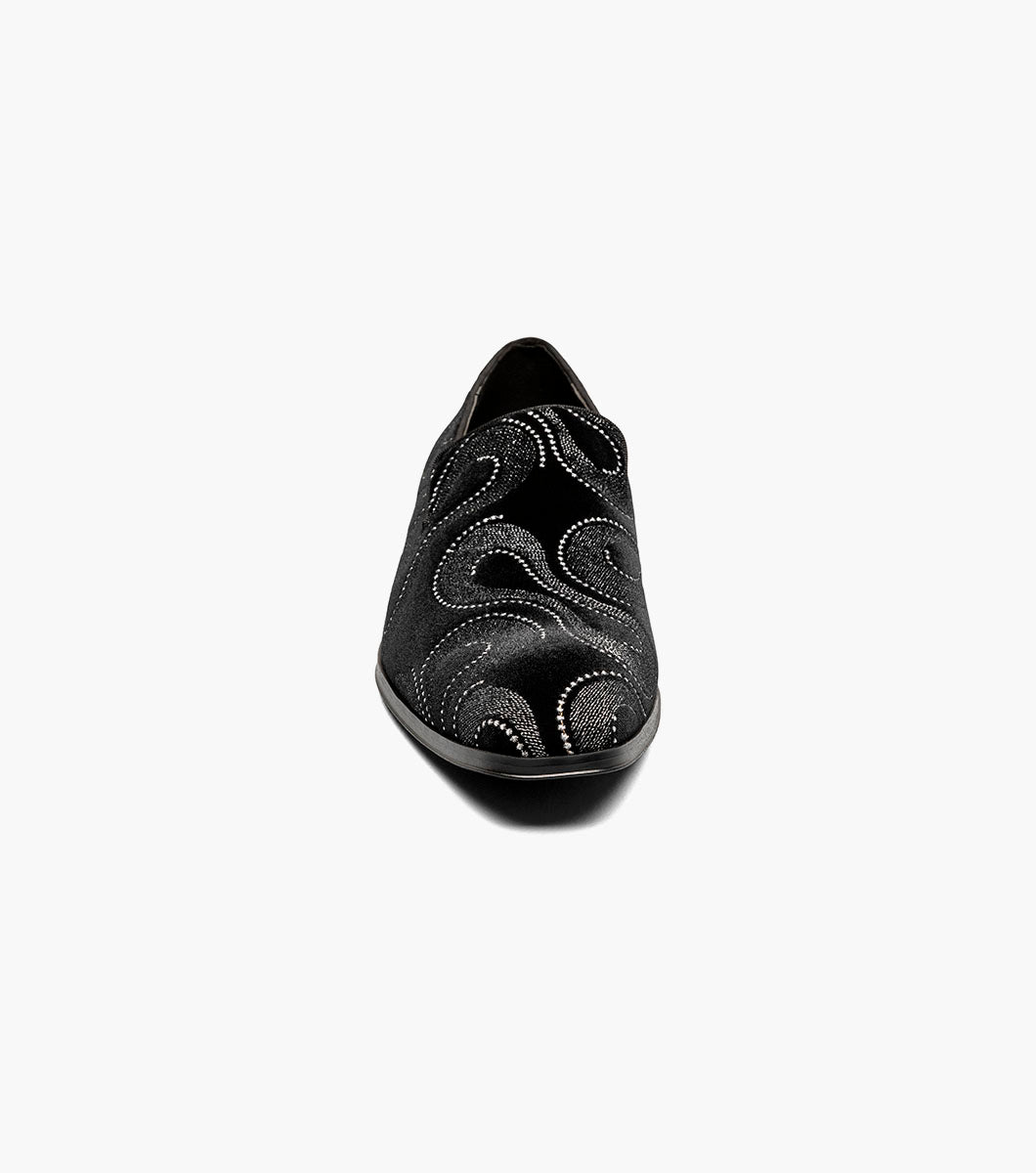 Stacy Adams SWAINSON Plain Toe Embroidered Slip On Black and Silver by Stacy Adams Shoes